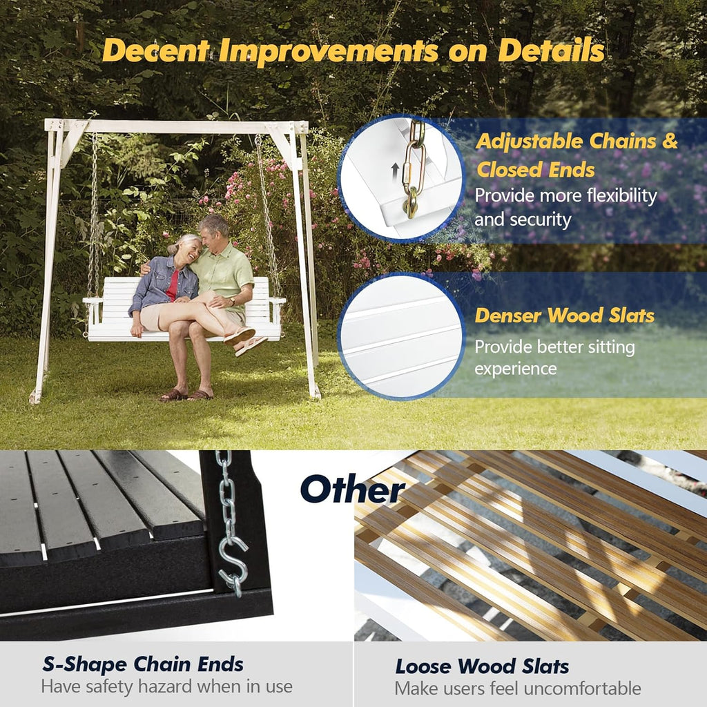 Wooden Porch Swing 880LBS Heavy Duty Ergonomic Curved Seat Adjustable Chains Well-Coated Surface for Patio Garden Courtyard Outdoor Hanging Bench 4FT 5FT Brown Natural