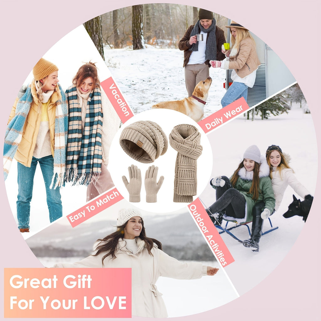 Women's 3-in-1 Winter Set: Hat, Long Scarf, and Touchscreen Gloves - Soft, Warm Cold-Weather Accessories, Available in 4 Colors, A Perfect Gift for Her
