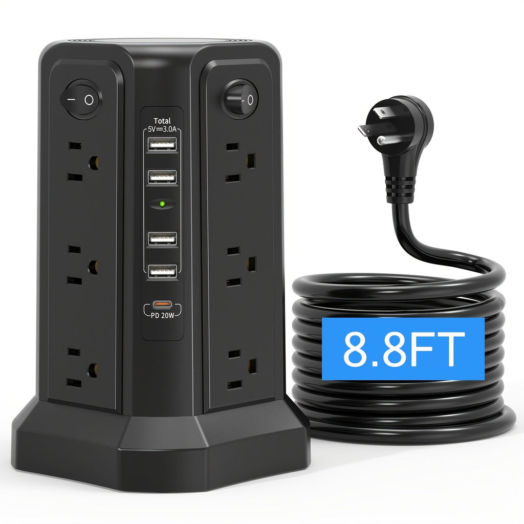 Power Strip Tower, 16 AC Outlets, 5 USB Ports, USB-C PD 20W, 1500J Surge Protector, Flat Plug Desktop Extension Cord