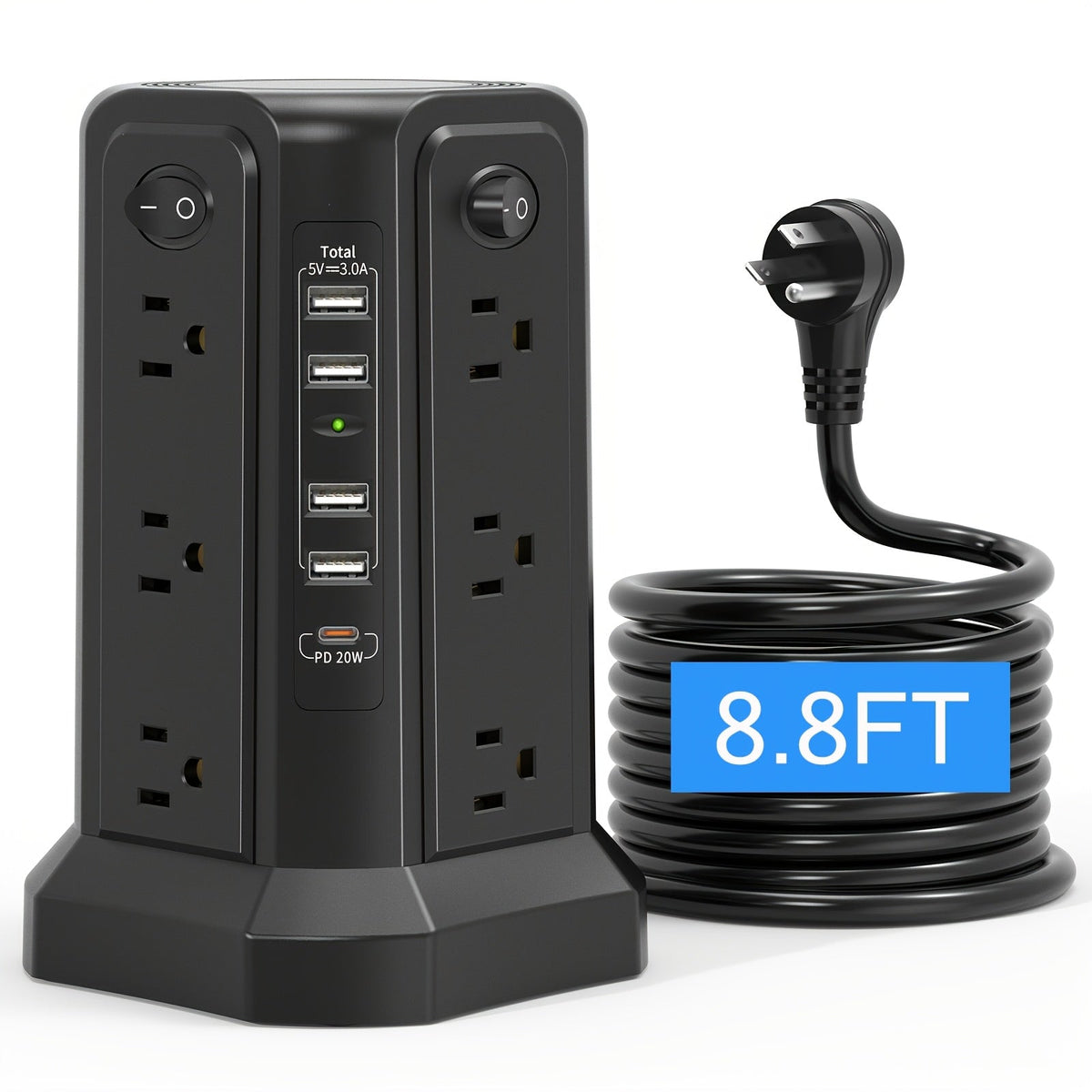 Power Strip Tower, 16 AC Outlets, 5 USB Ports, USB-C PD 20W, 1500J Surge Protector, Flat Plug Desktop Extension Cord