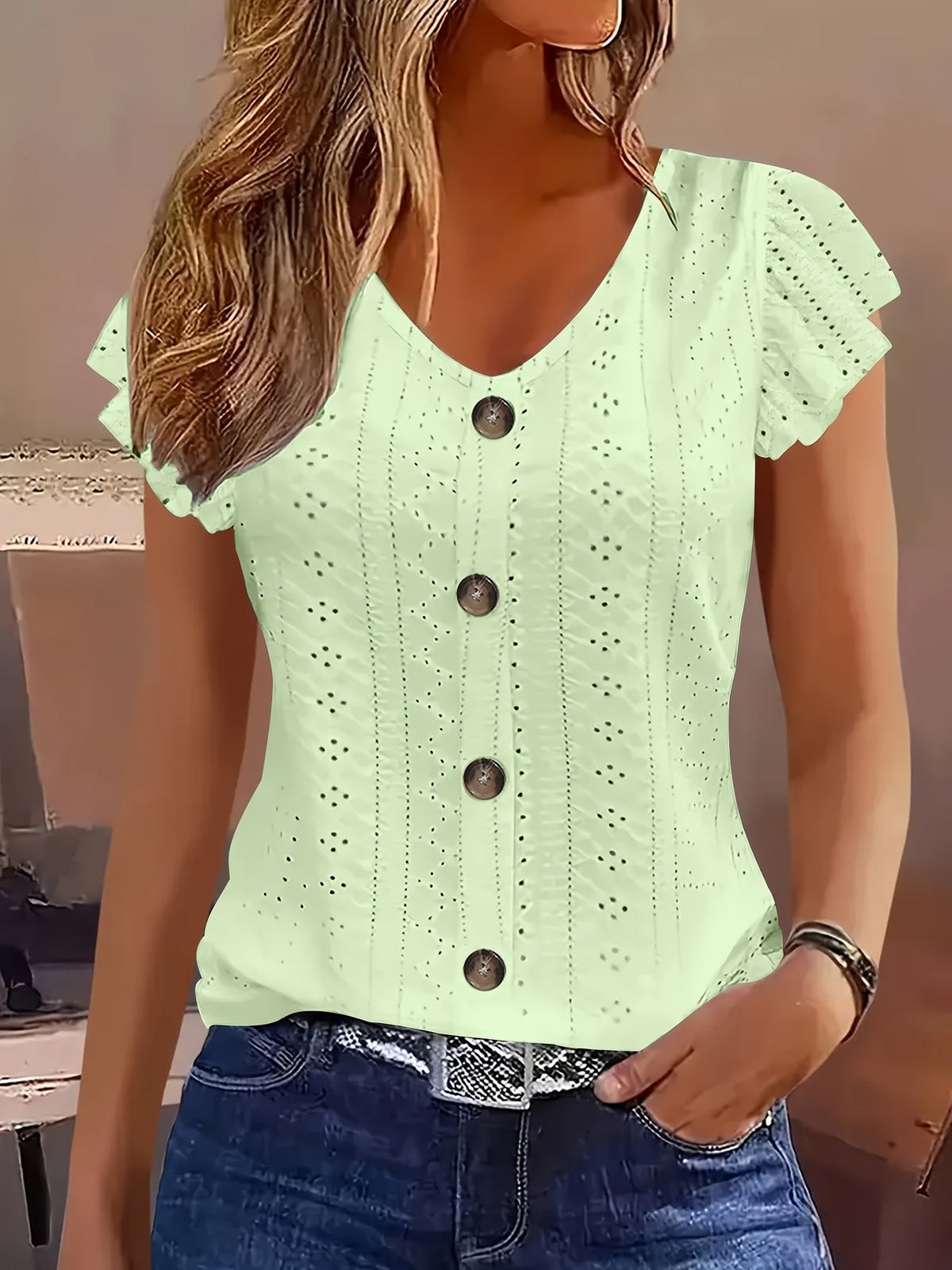 Eyelet Embroidery Button-Front V-Neck Cap Sleeve Top Women's Solid Color Casual Summer Shirt Breathable Lightweight Blouse S-XXL Multiple Colors