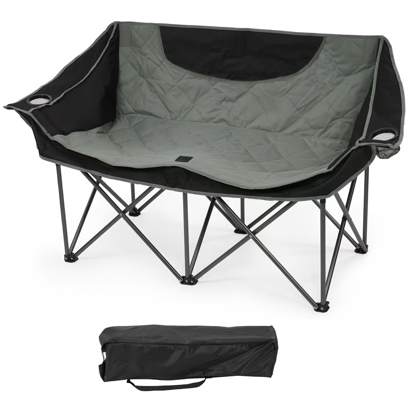 2-Person Oversized Camping Chair – Heavy-Duty Padded Outdoor Loveseat with Cup Holders Armrests & Carry Bag Portable Collapsible for Beach Picnic Backyard BBQ & Camping in Blue Beige Orange & Grey