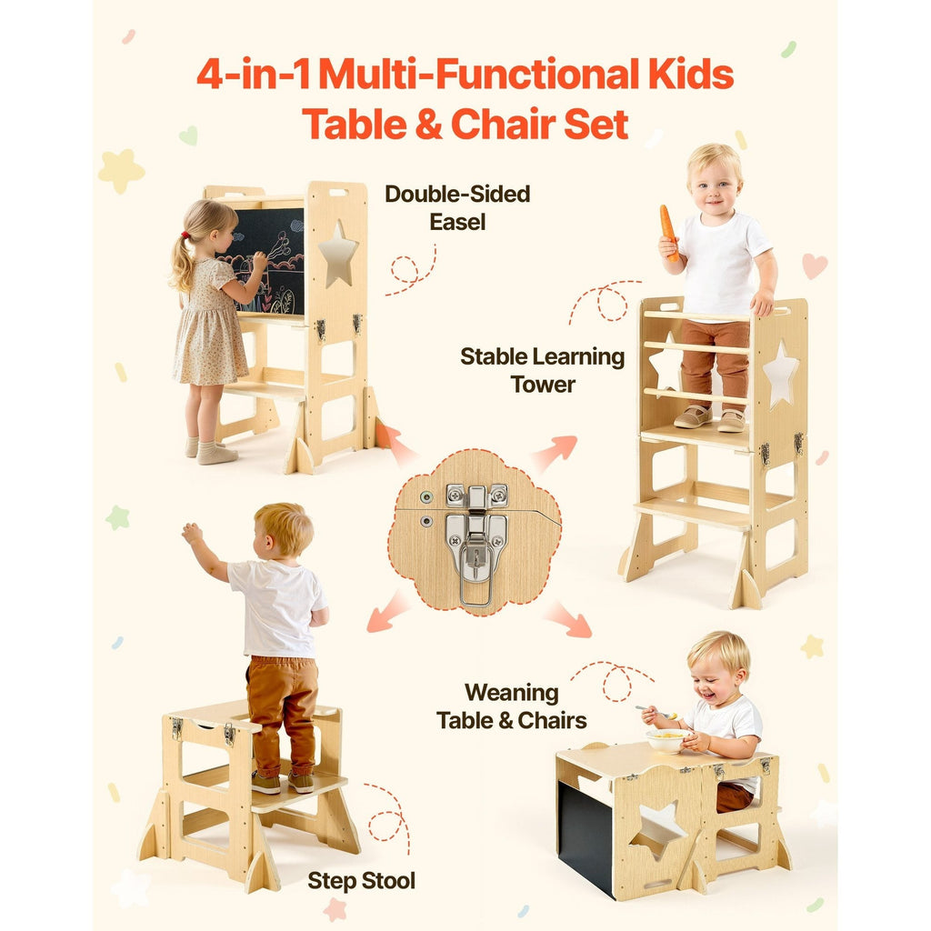Weaning Table and Chair Set 4-in-1 Kids Learning Tower with Chalkboard & Whiteboard, Toddler Kitchen Step Stool, Converts to Easel & Step Stool, Natural Wood, Ages 1-5