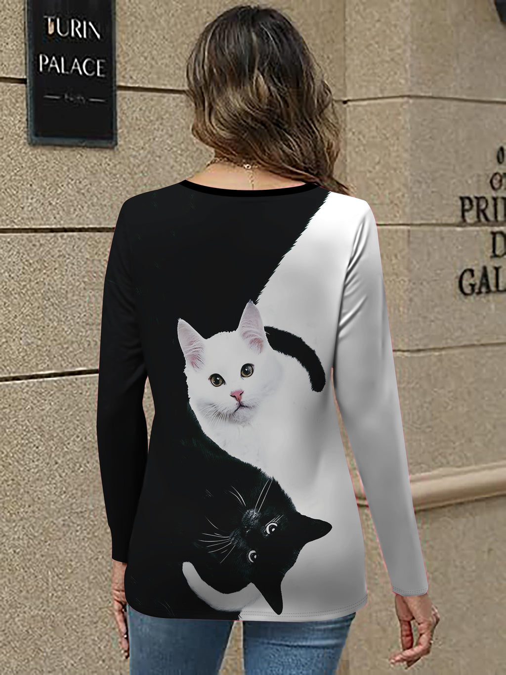 Women's Cat Print Long Sleeve V-Neck T-Shirt Black and White Elegant Graphic Top Casual Fashion Cute Animal Print Tee S M L XL XXL