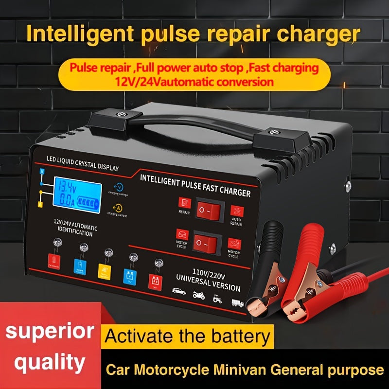 Smart Universal Battery Charger 12V 24V with LCD Screen Pulse Repair Trickle Maintainer for Car, Truck, Motorcycle, Boat, Lawn Mower, and Harvester – Automatic Temperature Regulation