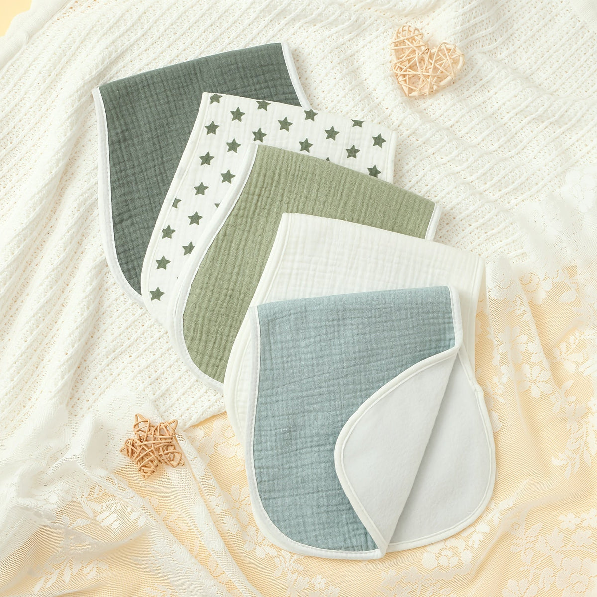 Muslin Baby Burp Cloths Set, Soft & Absorbent Printed Designs for Boys & Girls, 3-Piece Polka Dot, 4-Piece Rainbow Print & 5-Piece Star, Ideal Feeding Cloths for Infants & Toddlers