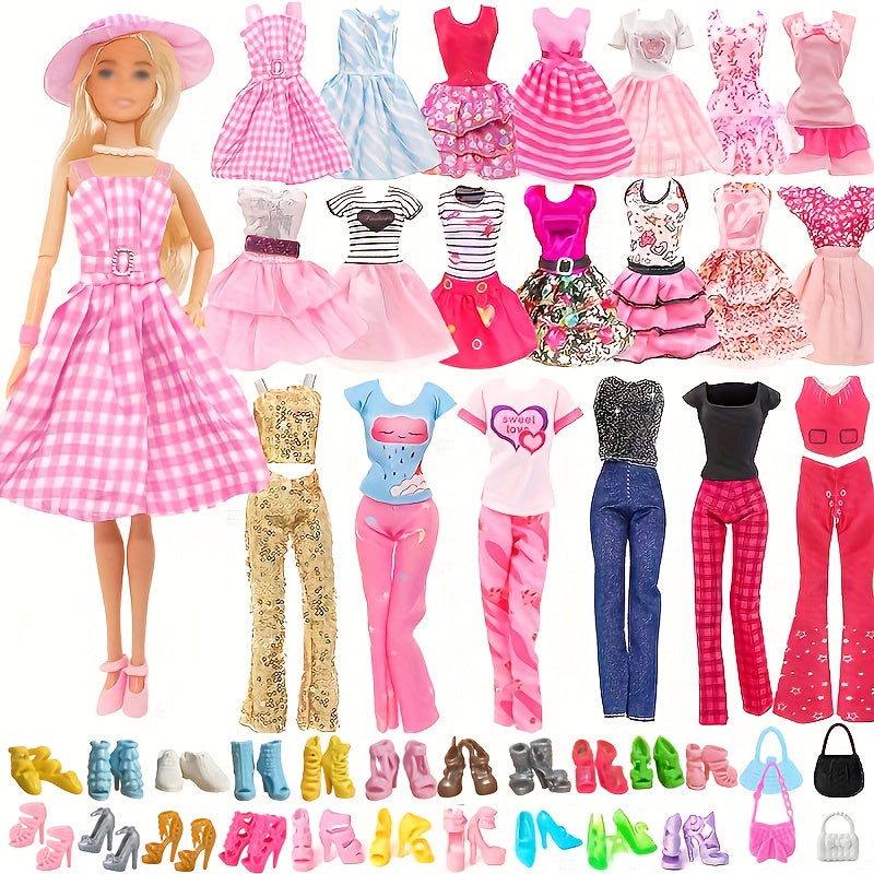 20 Pieces Fashion Doll Clothes and Accessories Set for 11.5-12 Inch Dolls - 5 Dresses 3 Tops 3 Pants 7 Pairs of Shoes 2 Bags, Random Style Doll Outfit Gift for Girls, Christmas Birthday Present, Doll Not Included