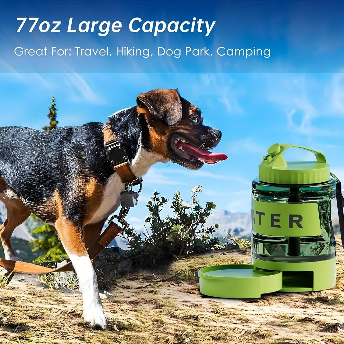 77oz Large Dog Water Bottle with Pull-Out Bowl – 2.2L Portable Travel Water Dispenser for Dogs, Ice Cube Compatible, Leak-Proof Design for Camping, Hiking, Beach, and Road Trips, Essential Outdoor Pet Hydration Accessory for Large Dogs