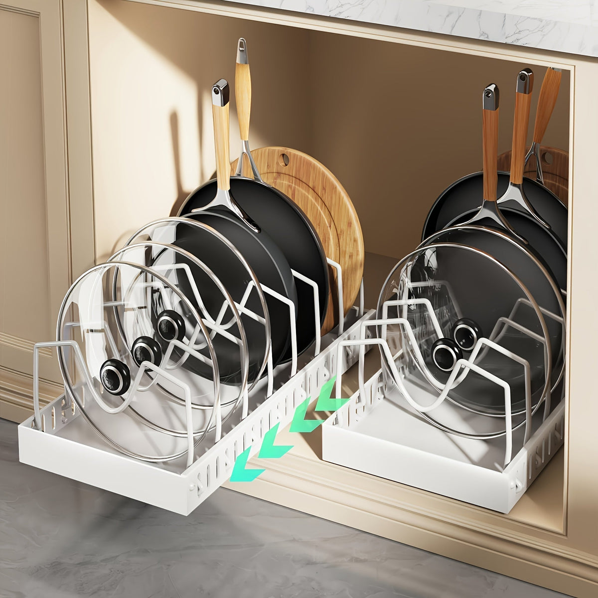 Pull-Out Pot & Pan Organizer Rack for Under Cabinet – Slide-Out Lid Holder with 8 Adjustable Compartments, Drill-Free Installation, Kitchen Cabinet Cookware & Baking Sheet Organizer – 1pc or 2pcs
