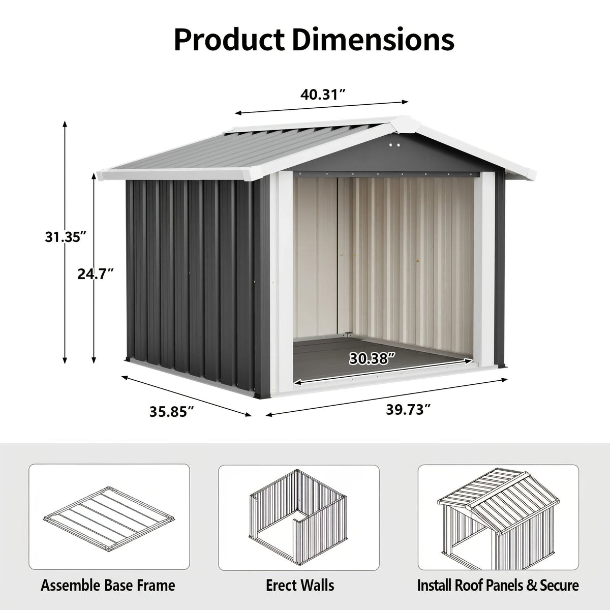 2-in-1 Metal Dog House & Storage Shed 39.7" x 35.8" x 33.3" Weather-Resistant Sloped Roof Elevated Floor Ventilation & PVC Door for Medium to Large Dogs – 30-Min Assembly