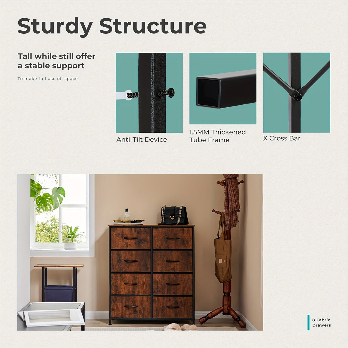 8-Drawer Fabric Dresser with Metal Frame & Wood Tabletop – Clothes Storage Tower Chest Organizer for Bedroom Living Room Entryway