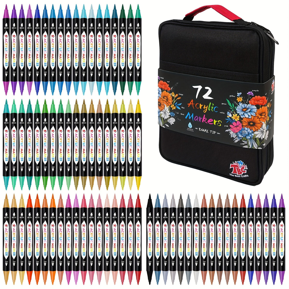 TBC Dual Tip Acrylic Paint Markers, 48/72/108 Colors with Canvas Bag, Non-Toxic and Odorless Professional Acrylic Paint Pens for Canvas, Paper, Wood, Glass, Stone, Pottery, Fabric, and DIY Art