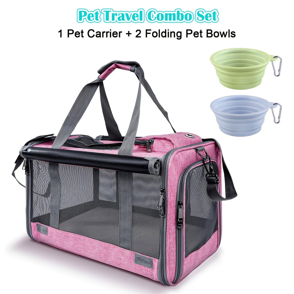 Airline Approved Soft-Sided Pet Carrier – Breathable Collapsible Travel Bag for Cats & Small Dogs with Accessory Bundle (Collar, Bowls, or Pet Glove), 10 Colors: Pink, Blue, Black, Gray, Navy, Green, Orange