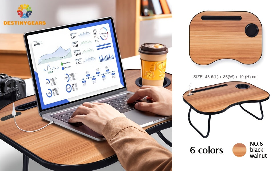 Laptop Desk with USB Port, Storage Drawer & Cup Holder – Walnut Wood Bed Tray Table for Eating, Writing, Sofa, Couch, Adults, and Students