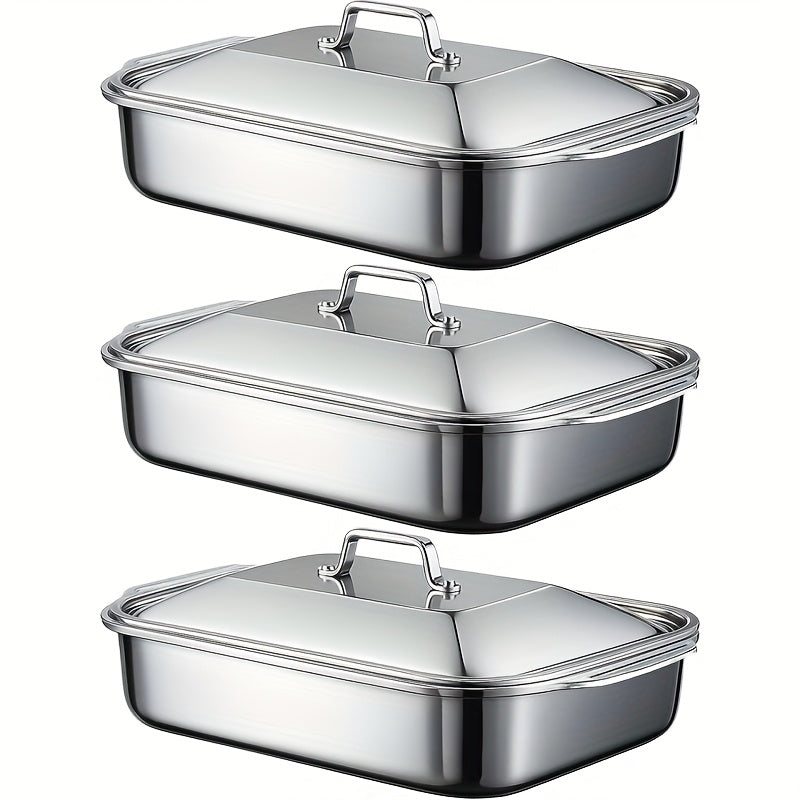 Stainless Steel Baking Pans with Lids Set – Extra Large Non-Stick Heavy Duty Rectangular Oven Trays for Roasting Bread, Desserts, Seafood, BBQ, and Buffet Serving, 2, 4, 6, 8 Pack Options