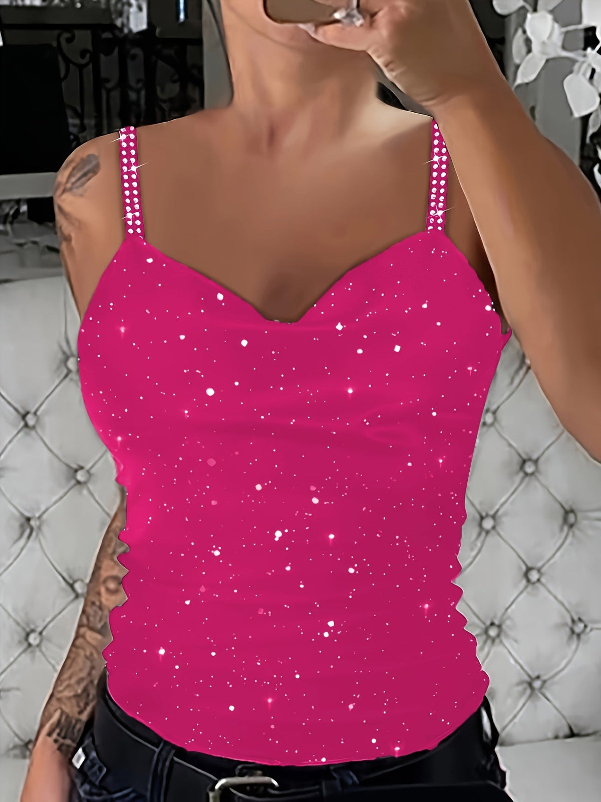 Women's Sequin Rhinestone Strap Cami Top Sexy V-Neck Sleeveless Tank Top Glam Party Night Out Tops Spring Summer Fall S M L XL XXL