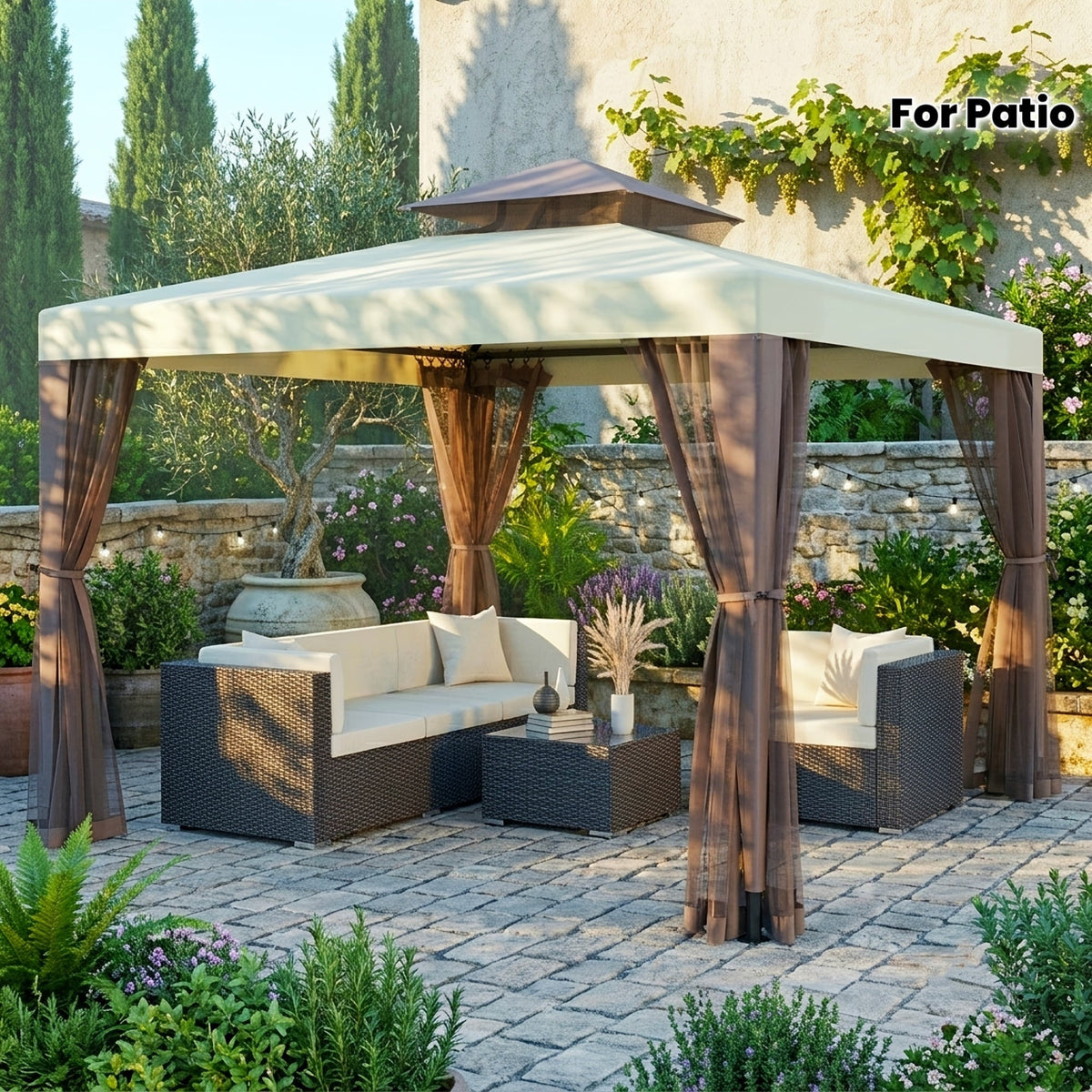 10x10 Ft Gazebo with Mosquito Netting & Mesh Sidewalls, 100 Sq Ft Shade, Sturdy Steel Frame, for Garden, Backyard, Terrace & BBQ Party