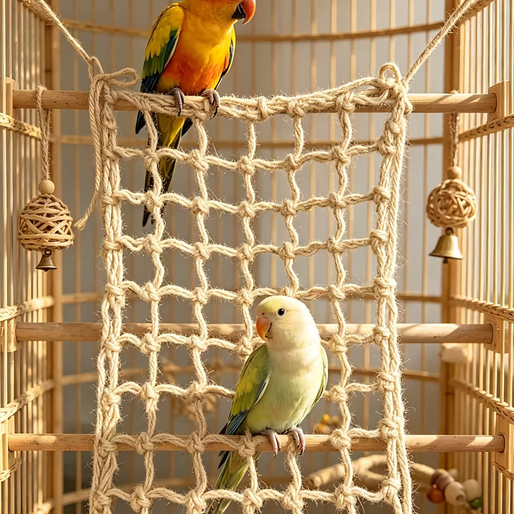 Bird Climbing Net 2-Pack - Hemp Rope Mesh Ladder for Bird Cages, Bite-Resistant Perch Climbing Toy for Parakeets, Parrots & Small Birds, 7.87 x 11.81 Inches Each