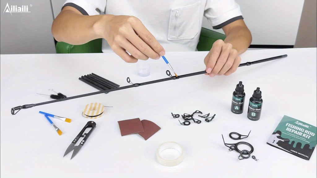 Fishing Rod Repair Kit Complete Set – Tip Top Rings, Rod Guides, AB Epoxy Glue, Winding Thread & Masking Tape, Full Replacement Supplies for Broken Rods