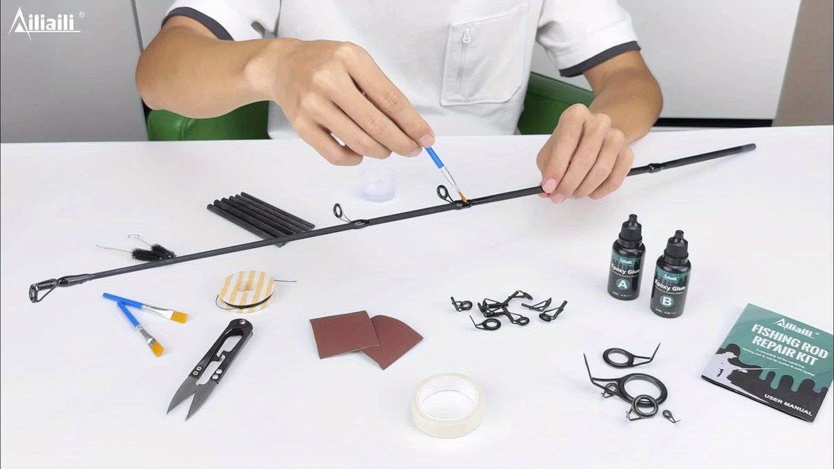 Fishing Rod Repair Kit Complete Set – Tip Top Rings, Rod Guides, AB Epoxy Glue, Winding Thread & Masking Tape, Full Replacement Supplies for Broken Rods