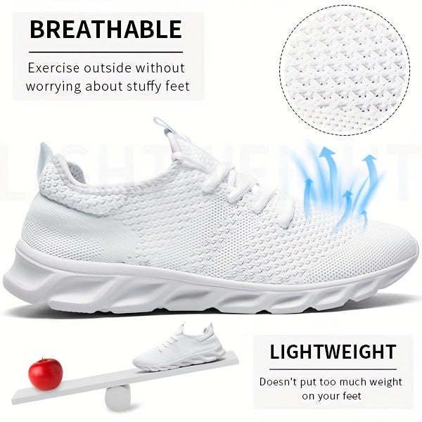Men's Lightweight Breathable Knit Mesh Sneakers, EVA Sole Low-Top Lace-Up Running Walking Shoes, White Red Black Round Toe, All-Season Gym Travel Daily Wear, Sizes US 6-13.5