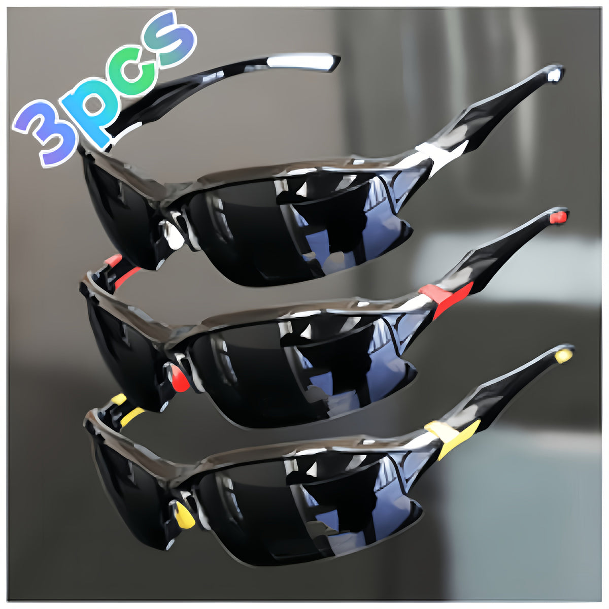 3 Pack Polarized Sunglasses UV400 Protection Unisex Outdoor Sports Eyewear for Cycling, Running, Fishing, Driving, and Golf, Lightweight Frame with Anti-Glare Lenses - Black, Yellow, and Red Set