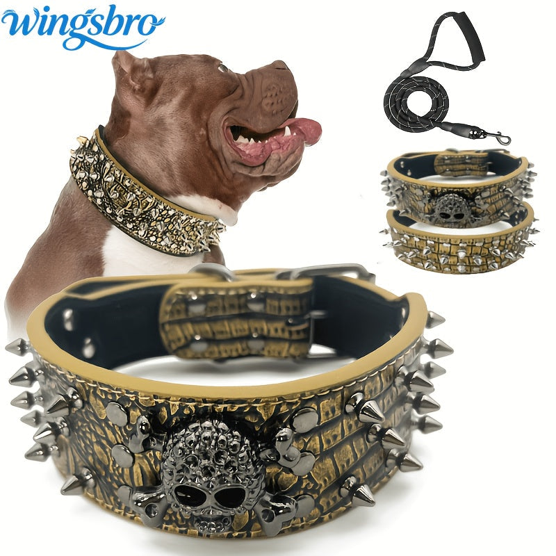 Spiked Studded Dog Collar and Leash Set – Riveted PU Leather Dog Collar for Training & Walking, Punk Rock Style Collar for Small, Medium, and Large Dogs, Adjustable Heavy Duty with Metal Buckle