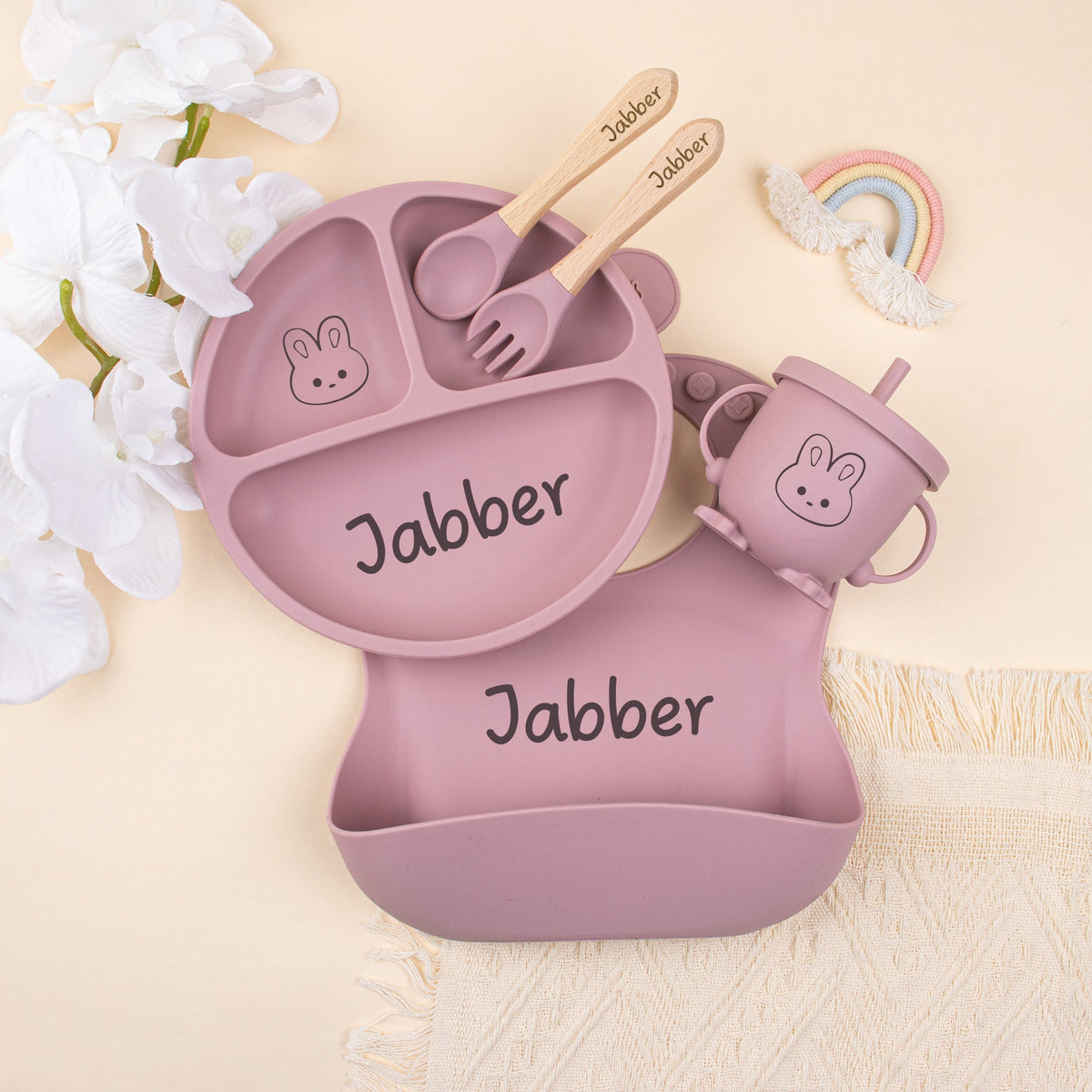 5-Piece Personalized Laser-Engraved Silicone Baby Weaning Set, Custom Name Baby Plate & Cartoon Toddler Feeding Set for Kids, Baby Shower, Christmas & Halloween Gift, Beige, Pink & Gray