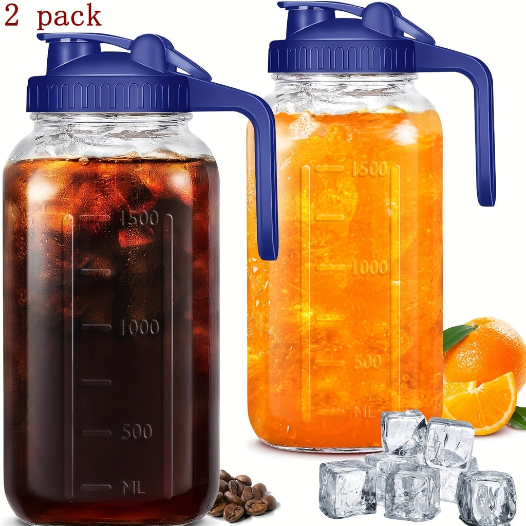 64oz Mason Jar with Handle & Lid – BPA-Free High Borosilicate Glass Beverage Carafe, Leak-Proof, 2/3 Pack, for Sports, Outdoor, Juice, Water, Kombucha, Holiday Gift