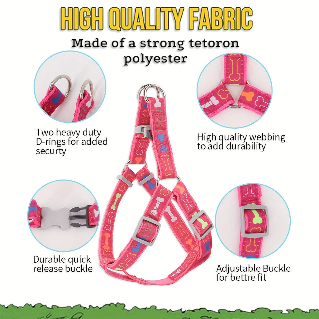 Dog Harness and Leash Set with Bone Pattern - No-Pull Triangle Vest Harness for Small, Medium, and Large Dogs, for Indoor and Outdoor Walking, Pink, Black, Blue, Grey, S M L
