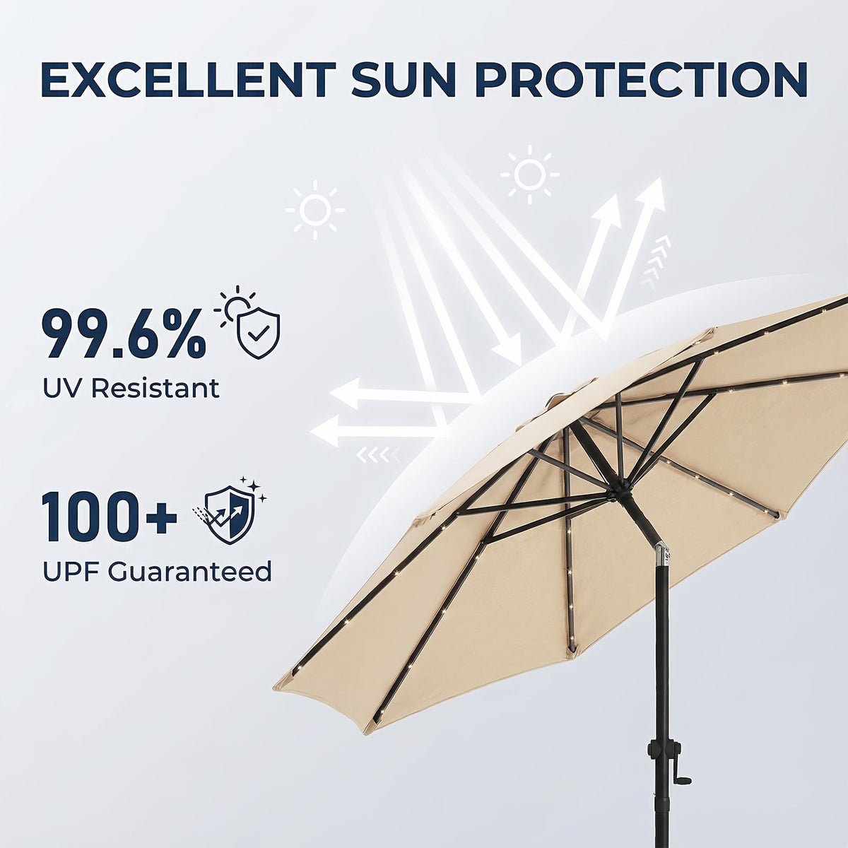 9ft Solar LED Patio Umbrella with Base 32 LED Lights Steel Frame Ventilation Push-Button Tilt & Crank for Garden Deck Backyard & Pool – Brown