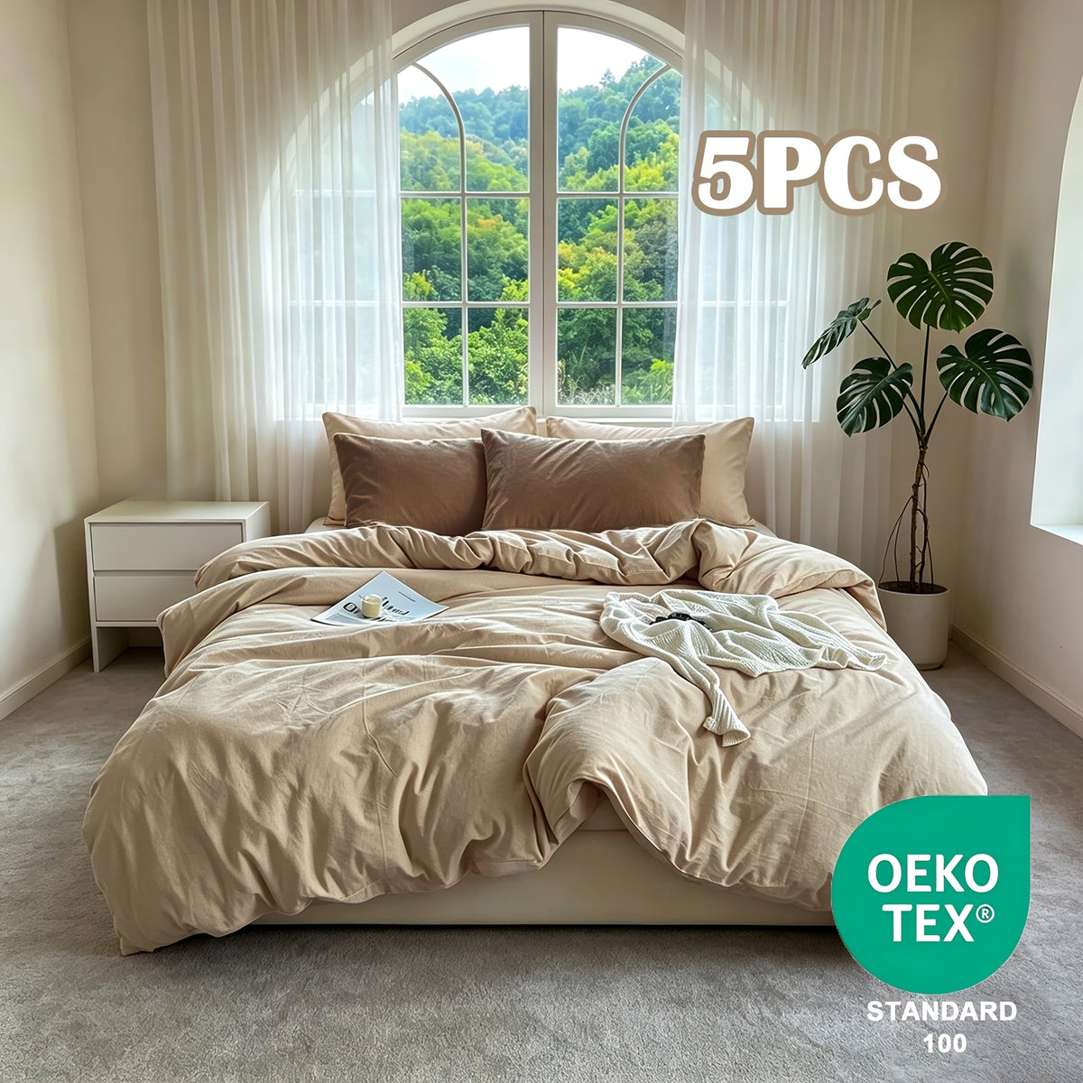 Washed Microfiber Duvet Cover Set 5-Piece, 1 Duvet Cover + 4 Pillowcases, Zipper Closure & Corner Ties, Soft Breathable Bedding Set for Home School Guest Room, No Insert, Multiple Sizes & Colors
