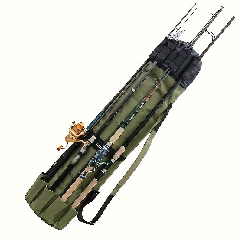 Large Capacity Folding Durable Fishing Rod Bag, Multifunctional Gear Carrier Case with Two Lead Weights, Fits Multiple Rods, Tackle Organizer for Freshwater and Saltwater Fishing