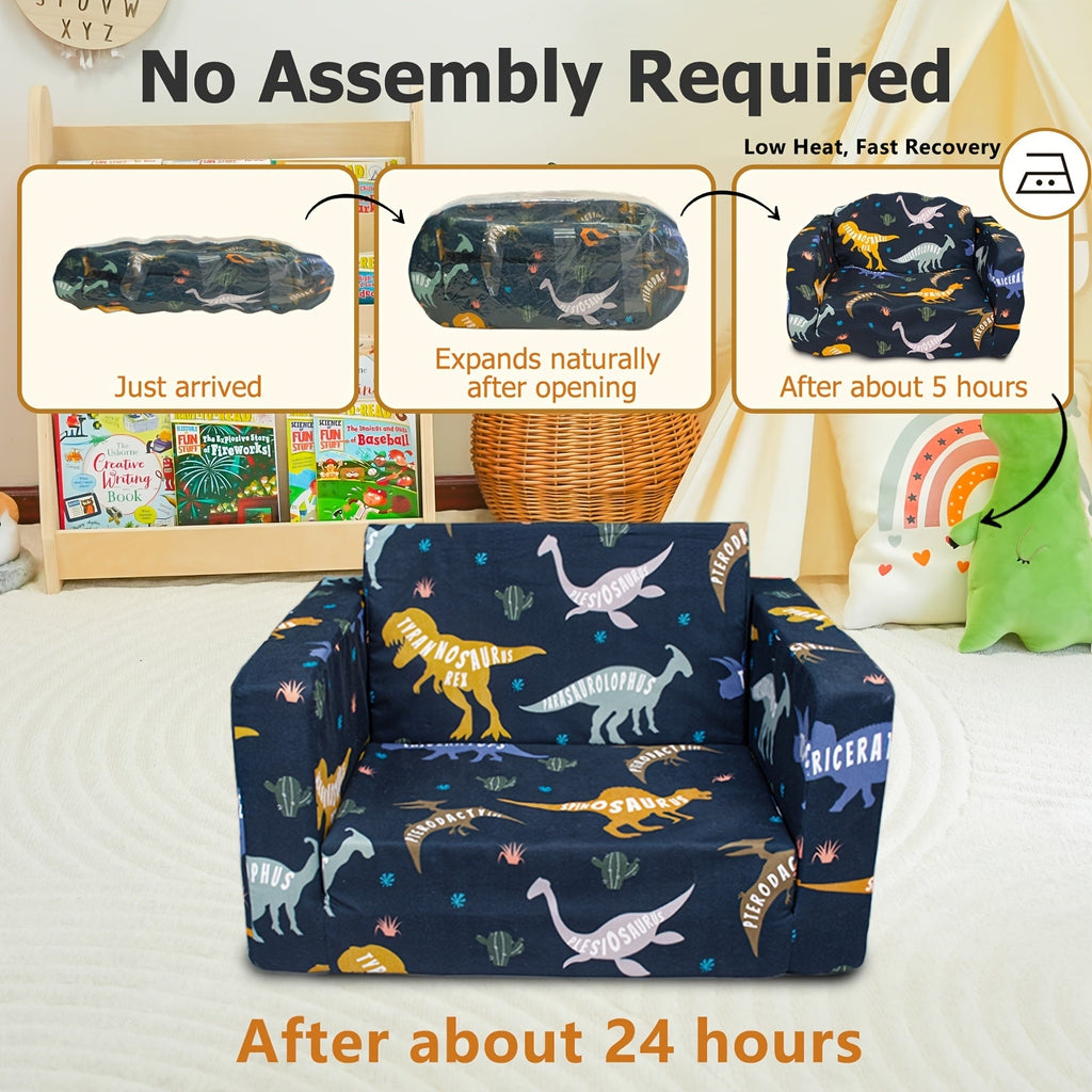 Kids 2-in-1 Convertible Sofa Bed Toddler Flip Out Lounge Chair No Assembly Required Machine Washable Cover for Boys Girls Bedroom Playroom Daycare Blue Dinosaur Cars