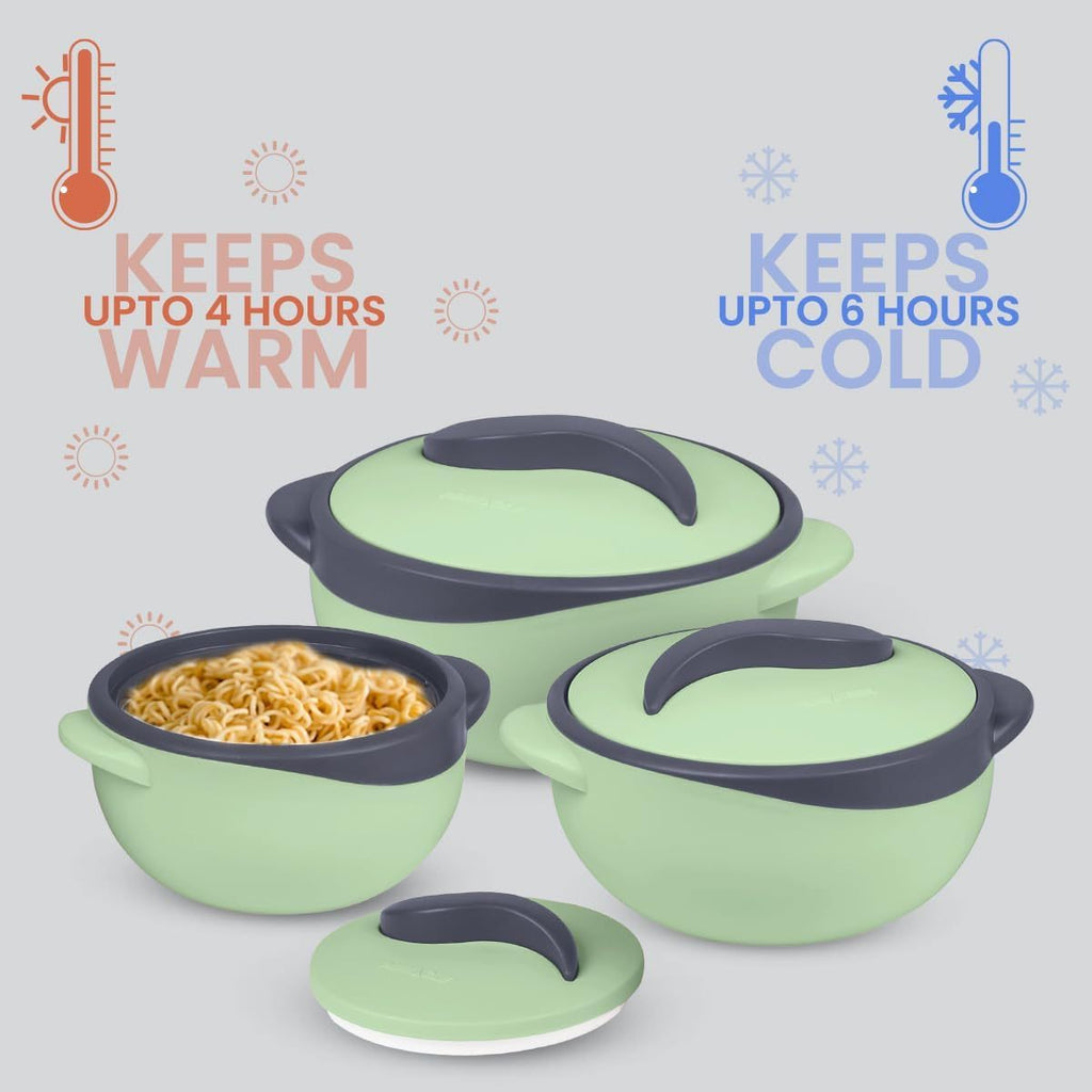 3-Piece Insulated Casserole Dish Set with Lids – 2.6 / 1.5 / 1 Qt Stainless Steel Thermal Food Warmer & Cooler Serving Bowls for Picnic Potluck & Entertaining in Green Blue & Pink