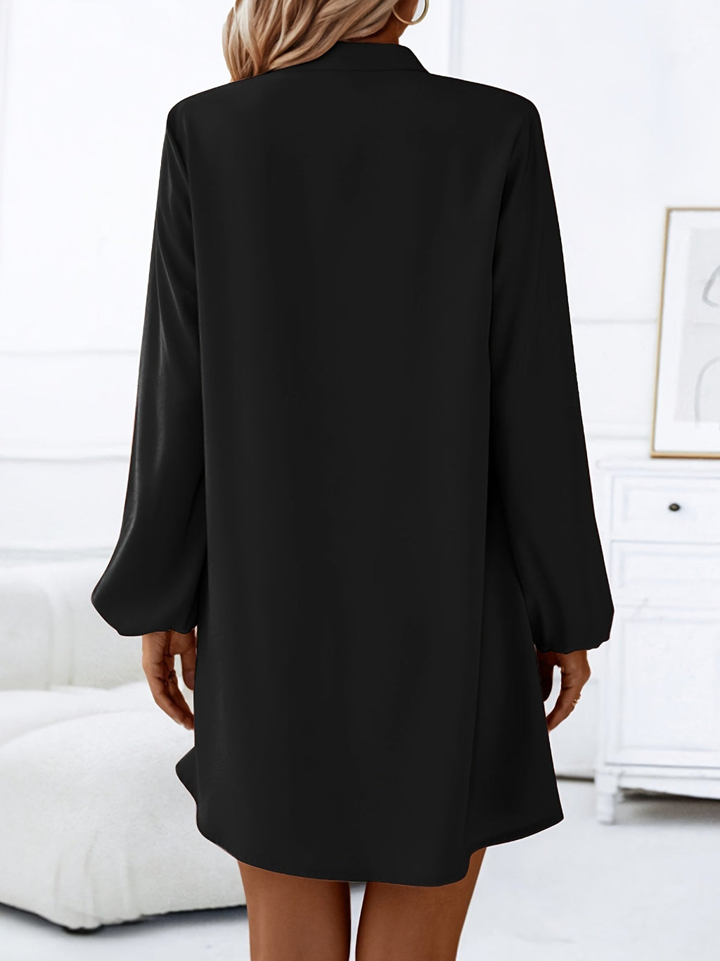 Women's V-Neck Long Sleeve A-Line Flared Dress, Elegant Solid Color Single-Breasted Midi Dress for Spring, Summer, Party, and Casual Wear
