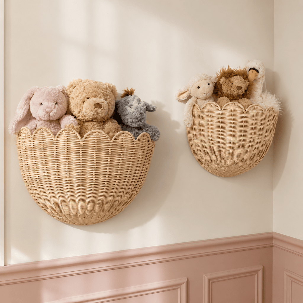 2-Piece Scalloped Hanging Wicker Wall Basket Set Hand Woven Rattan Wall Storage & Decor 16×12×7 & 14×8×6 In – Home Bathroom Kitchen & Living Room