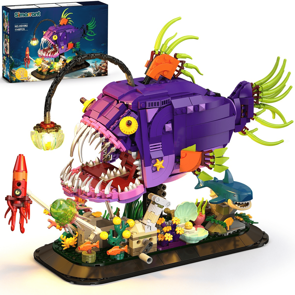 1145-Piece Anglerfish Building Blocks Set ABS Movable Mechanical Deep Sea Monster with Seabed Diorama Adjustable Jaw Spinning Jellyfish for Adult Display & Birthday Christmas Gift – Purple