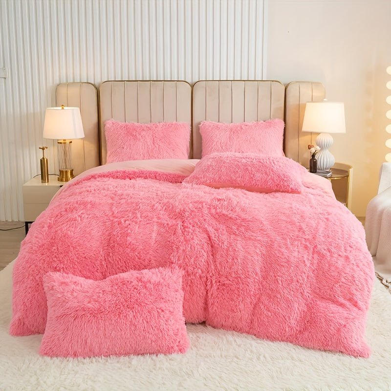 Plush Duvet Cover Set 3 Piece, Long Hair Knitted Polyester, Solid Color Fuzzy Comforter Cover with Zipper Closure, All-Season Soft Cozy Bedding Set for Bedroom, Multiple Colors Available