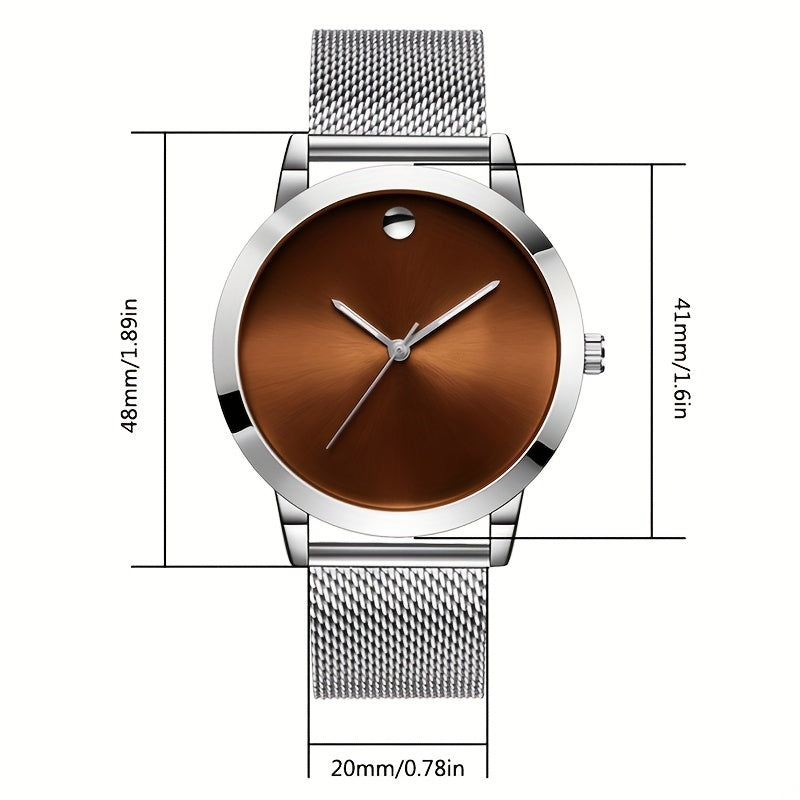 Men's Minimalist Stainless Steel Band Quartz Watch, Slim Round Dial, Casual Fashion Everyday Wear, Gift for Him, Silver Brown