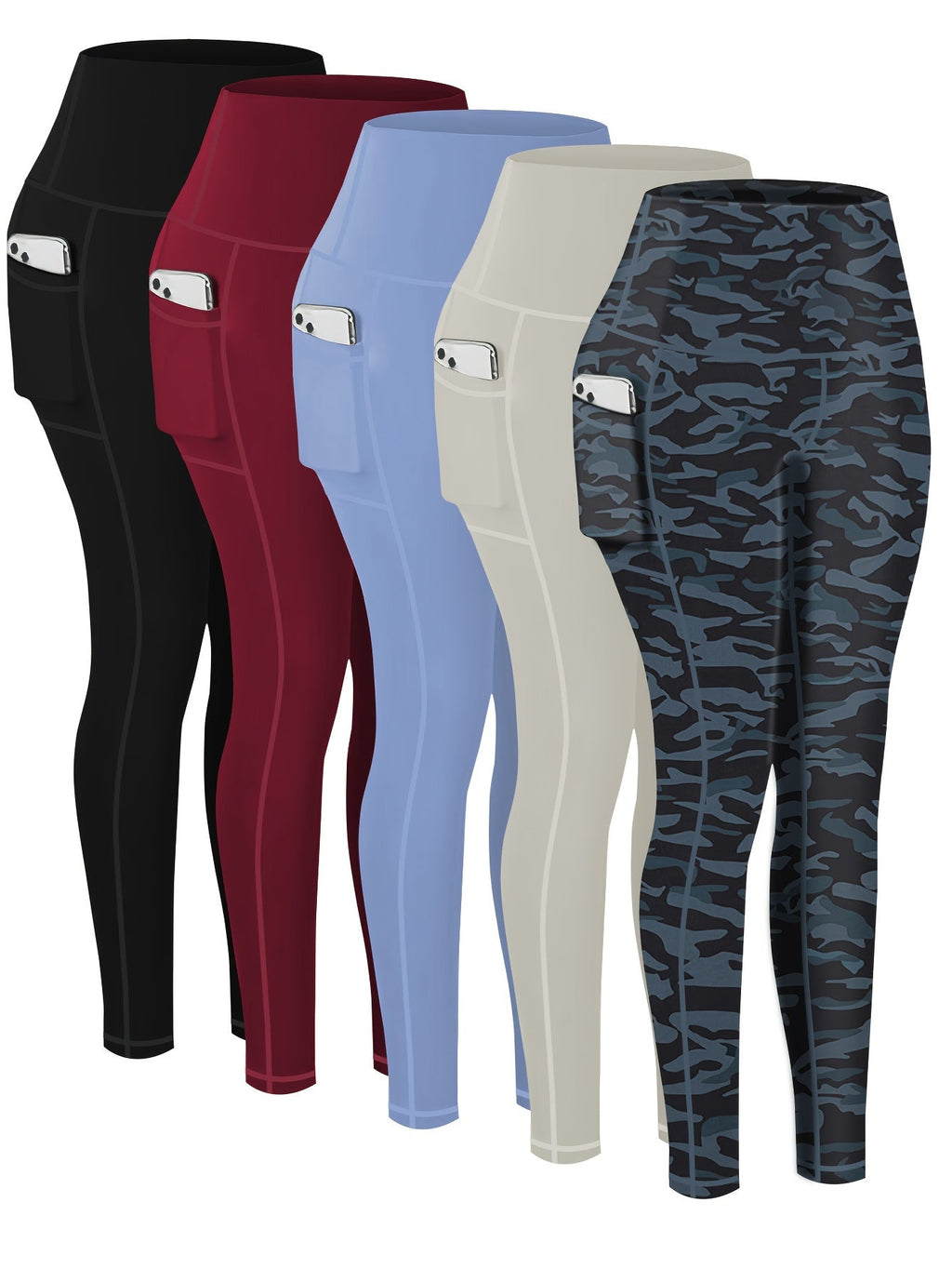 5-Piece Women's Printed Compression Yoga Pants – 7/8 Length Fitness Running Leggings with Leopard, Camo & Solid Patterns, High-Waist Athletic Tracksuit Bottoms for Gym Workout, S-XXL