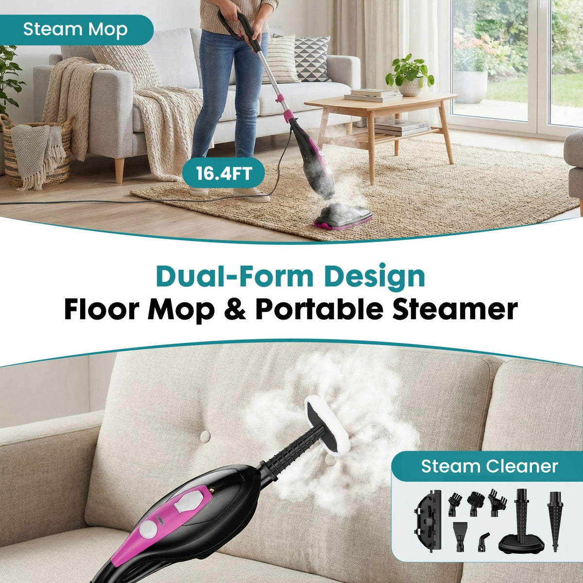 10-in-1 Steam Mop & Handheld Steam Cleaner - 1550W, Detachable, 2 Reusable Pads, 16.4ft Cord - Hardwood, Tile, Grout, Carpet & Windows - Black & Pink