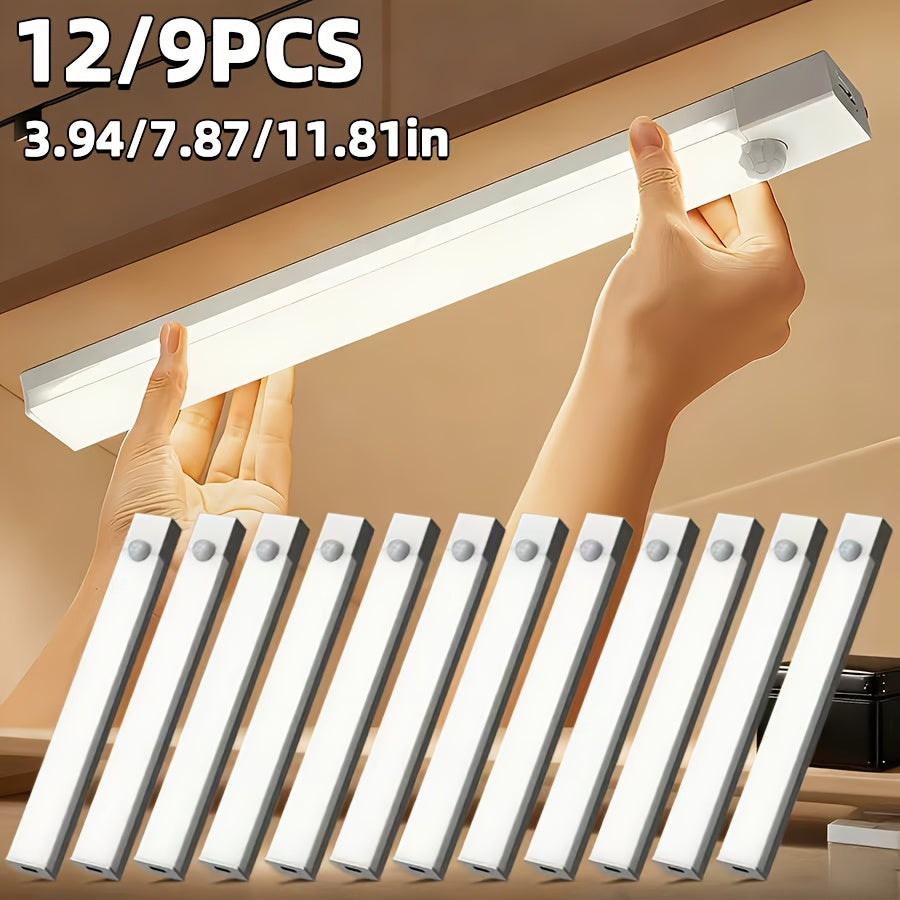 LED Motion Sensor Cabinet Lights USB Rechargeable 6 9 12pcs Wireless Night Light 3 Adjustable Modes for Bedroom, Staircase, Kitchen, Closet, Under Cabinet, Bedside Reading, Hallway, and Home Lighting