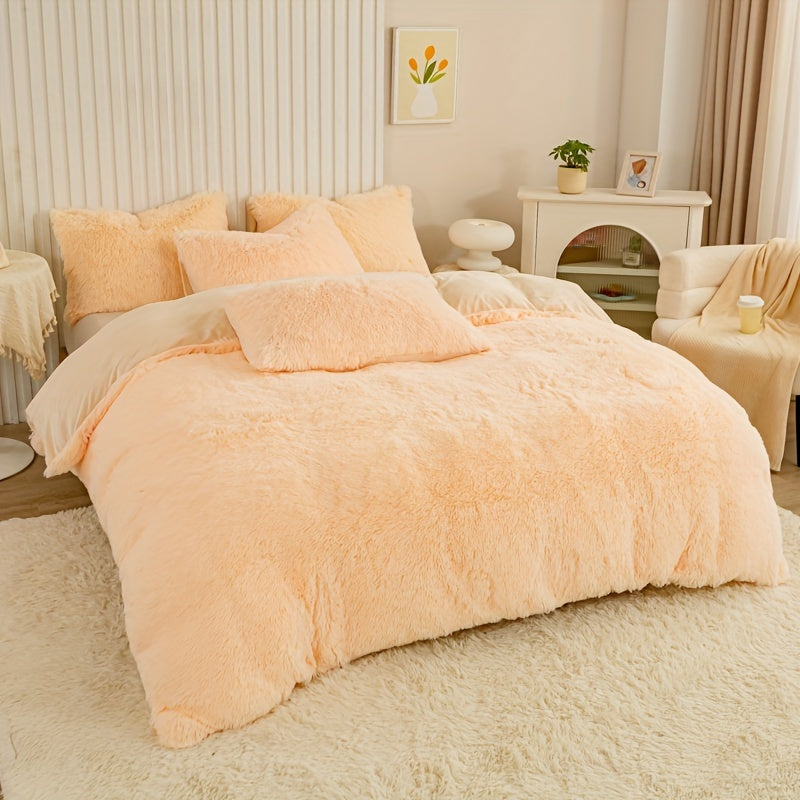 Plush Duvet Cover Set 3 Piece, Long Hair Knitted Polyester, Solid Color Fuzzy Comforter Cover with Zipper Closure, All-Season Soft Cozy Bedding Set for Bedroom, Multiple Colors Available