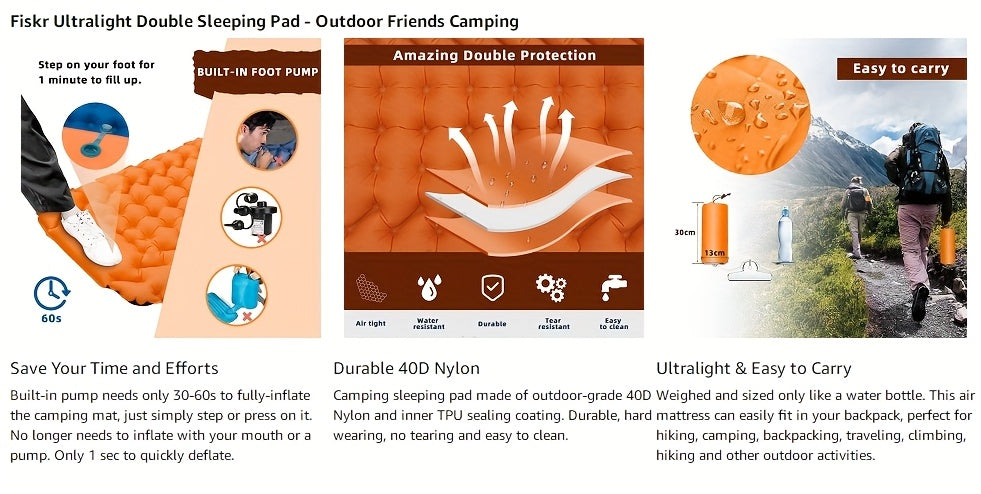 Self-Inflating Sleeping Pad, Ultralight Nylon TPU Camping Mat, Built-In Pump, Single & Double Person Options, Compact Portable Sleeping Mat for Camping, Hiking, Backpacking, Travel, and Picnics, Orange & Blue