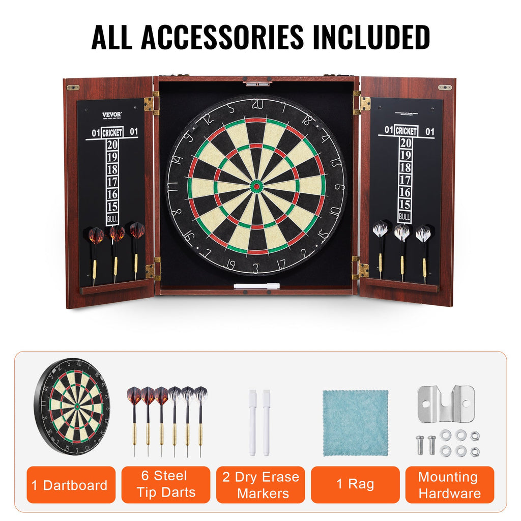 Dartboard Cabinet Set with 18" Self-Healing Sisal Board, 6 Steel Tip Darts, Scoreboard, Retro Woodgrain Cabinet, Staple-Free Bullseye, Complete Accessories Included, for Home Game Room Bar