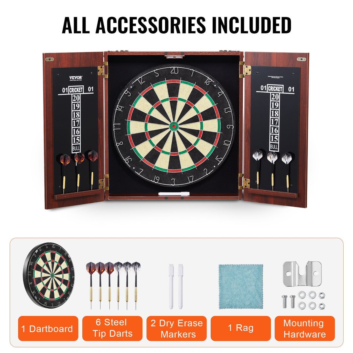 Dartboard Cabinet Set with 18" Self-Healing Sisal Board, 6 Steel Tip Darts, Scoreboard, Retro Woodgrain Cabinet, Staple-Free Bullseye, Complete Accessories Included, for Home Game Room Bar