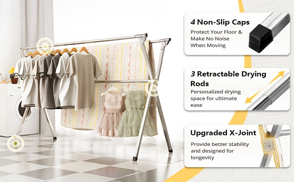 Stainless Steel Clothes Drying Rack 63" & 78.7" Retractable Foldable Heavy-Duty Laundry Drying Rack, Collapsible Indoor/Outdoor Clothesline with Adjustable Length for Balcony, Bedroom, and Laundry Room