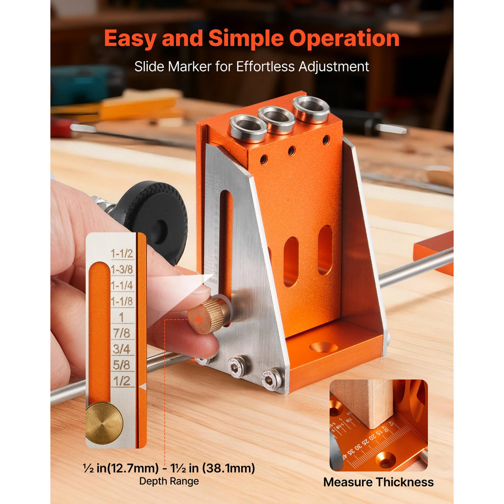 VEVOR Pocket Hole Jig Kit - 1/2" to 1-1/2" Adjustable Depth, CNC Aluminum Body, 2-in-1 with C-Clamp, Titanium-Coated Step Drill, Drill Stop Ring & Toolbox - Woodworking for Beginners & Pros