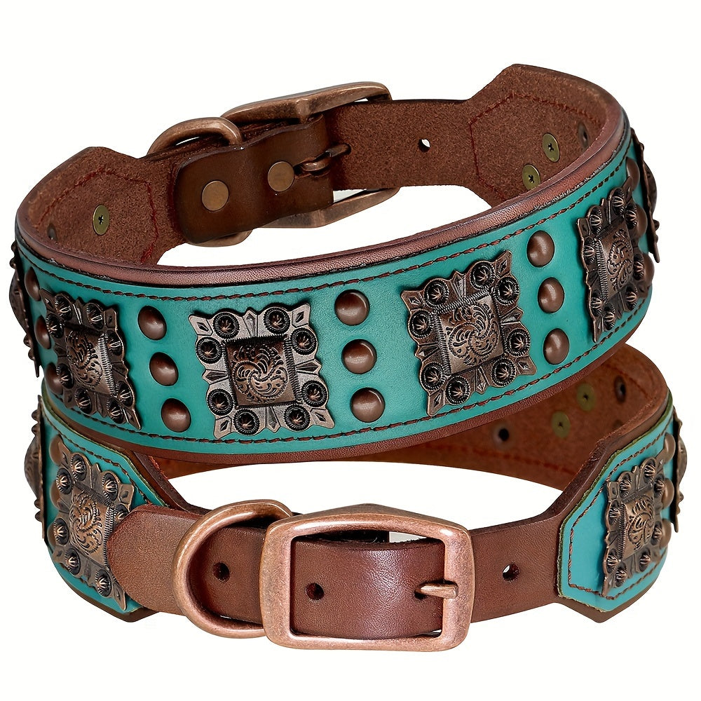 Heavy Duty Studded Leather Dog Collar for Medium and Large Dogs - Durable Real Leather with Metal Studs, Adjustable L XL XXL, 8 Colors, Strong Dog Collar for Large Breed Training Walking